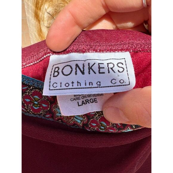 Bonkers Vtg Maroon Red Spaghetti Strap Dress Shimmery Floral Aztec Mesh Frilly L - Picture 2 of 4